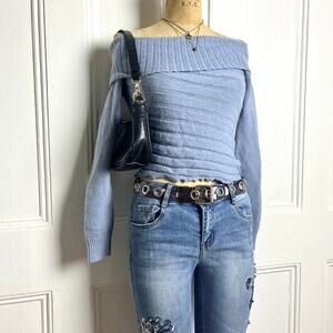 Edikted Blue off shoulder sweater with horizontal stripes and asymmetrical hem